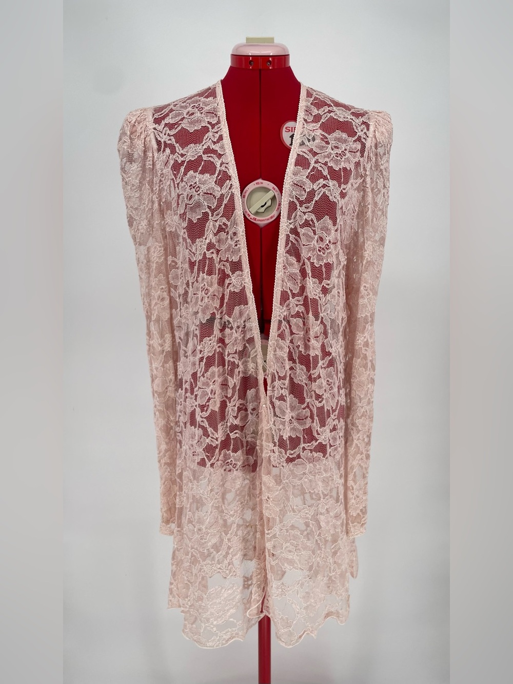 80s VTG Baby Pink Sheer Lace Lettuce Hem Midi Length Duster Cardigan